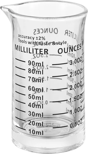 Vista 4 de Ackers - Vaso medidor de vidrio de 3 onzas líquidas, vaso de chupito con doble escala, marcas de ml para cocina y bar (paquete de 2)