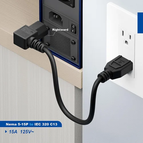 Vista 7 de Cable de alimentación en ángulo recto Nema 5-15P a IEC 320 C13, cable de alimentación de CA macho de 3 clavijas a hembra IEC de ángulo recto de 1 pie