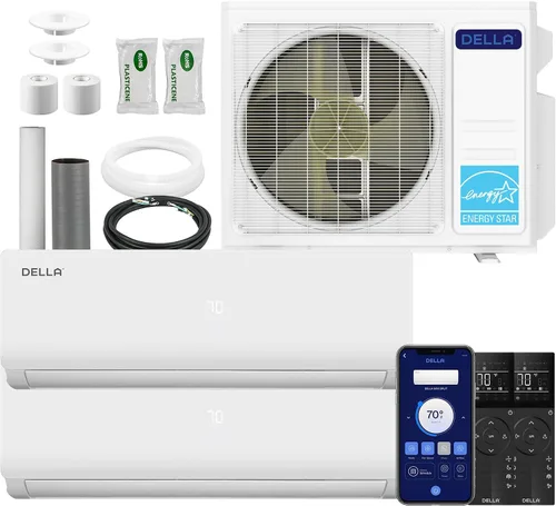 Vista 10 de DELLA 20K BTU Dual Zone Mini Split AC (2x9K), 19 SEER2, kits de 16 pies Blanco con juego de línea