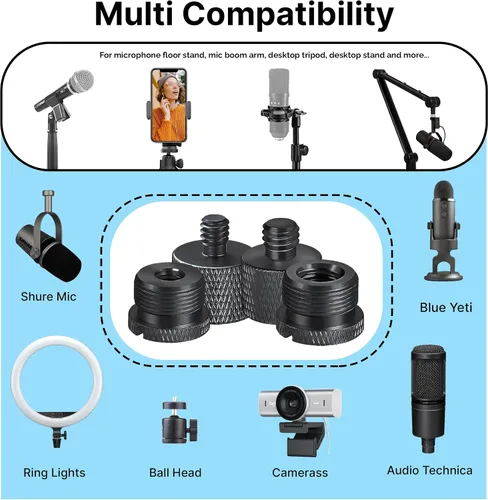 Vista 8 de IXTECH Juego de adaptadores de soporte de micrófono, kit de adaptador de soporte de micrófono de metal de 8 piezas, adaptador de rosca de 3/8 a 5/8