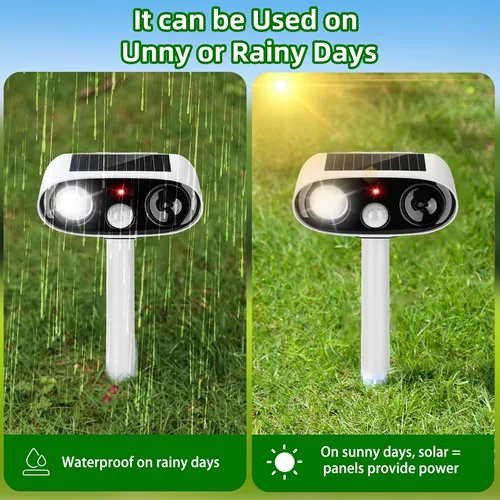 Vista 4 de Repelente solar ultrasónico de animales para exteriores, dispositivos repelentes de ciervos y gatos, paquete de 2 unidades, repelente ultrasónico