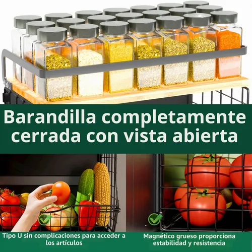 Vista 4 de Estante magnético para refrigerador con tapa de madera, contenedores de almacenamiento de papas y cebollas, contenedor grande de cocina, estante