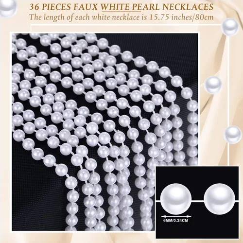 Vista 2 de Paquete de 36 collares largos de perlas falsas, joyería de disfraz a granel para mujer, perlas blancas de los años 20, collar con cuentas de perlas