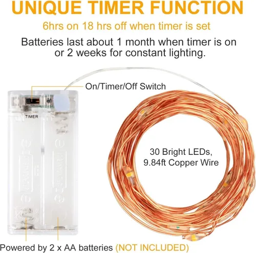 Vista 2 de innotree Paquete de 6 tiras de luces LED que funcionan con pilas, con temporizador, 10 pies, 30 luces LED alimentadas por batería, alambre de cobre