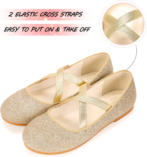 Vista 3 de MEJORMEN Zapatos de vestir con purpurina para niñas, zapatos planos de ballet Mary Jane, zapatos de bailarina, boda, uniforme escolar, zapatos