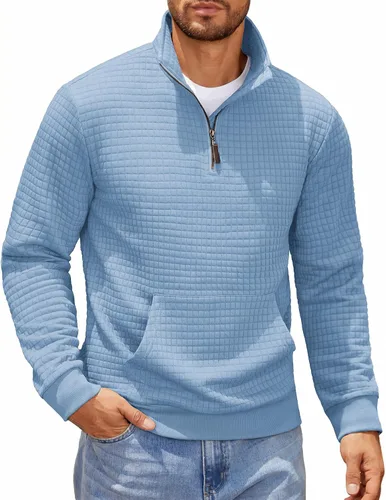 Vista 9 de COOFANDY - Sudadera con capucha para hombre, manga larga, con cremallera de un cuarto, estilo sarga casual, con bolsillo Verde militar