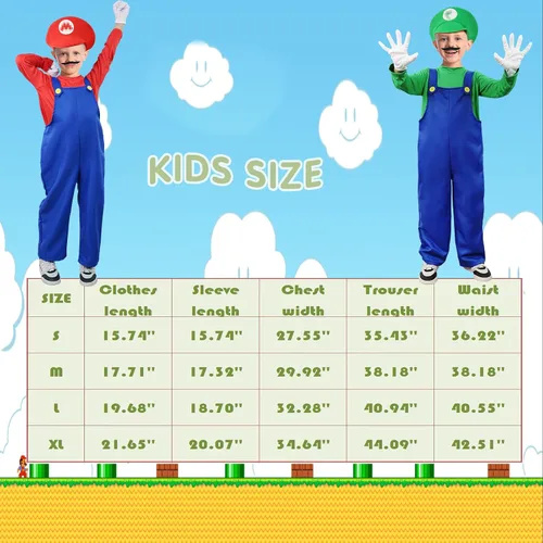 Vista 6 de Vermeyen Disfraz de Super Brothers para niños y adultos, traje de fontanero con sombrero, bigote, guantes, accesorio para disfraz de Halloween