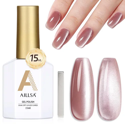 Vista 17 de AILLSA - Esmalte de uñas de gel ojo de gato color marrón con purpurina dorada con imán, esmalte de uñas de gel ámbar destello nude con cristales