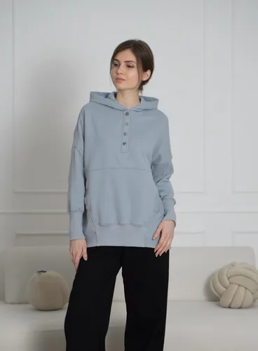Vista 2 de AlvaQ Sudadera casual con cuello en V y botones para mujer, sudadera de gran tamaño, con capucha y bolsillos