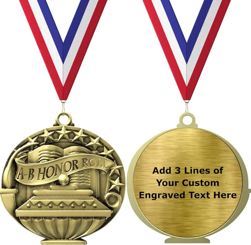 Vista 5 de Express Medals Pack of 10 (or More) Engraved Scholastic Honor Roll Award Medals with RWB Neck Ribbons