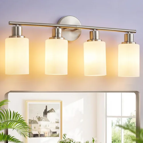 Vista 6 de [Usado] DLLT Lámparas de Baño de 3 Luces: Luces de Tocador Modernas de Níquel con Bombillas E26 - Lámpara de Pared de Baño con Pantalla de Vidrio