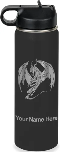 Vista 18 de LaserGram Botella de agua con tapa abatible de doble pared de 12 onzas con pajilla, dragón, grabado personalizado incluido (negro)