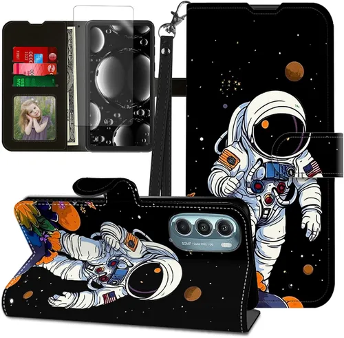 Vista 310 de Funda para Motorola Edge 2022 con protector de pantalla, soporte y tarjetero y correa para la muñeca, funda magnética para Moto Edge 2022 5G UW Lobo