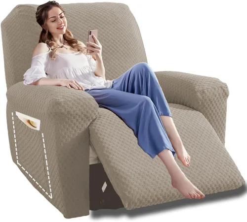 Vista 15 de YEMYHOM Funda elástica de 4 piezas para silla reclinable de jacquard con bolsillo lateral, antideslizante, ajustable, protector de muebles con parte