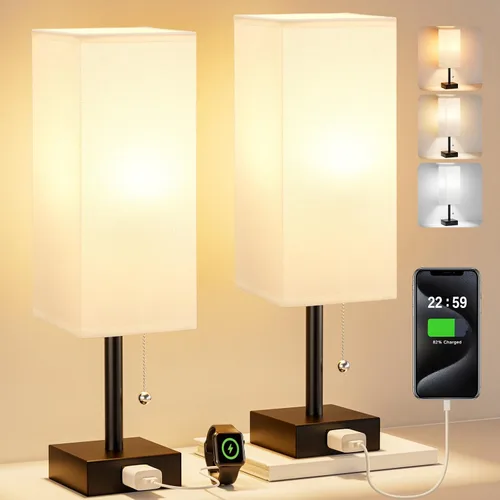 Vista 15 de Fenmzee Juego de 2 lámparas de noche para dormitorio, pequeña lámpara rectangular para mesita de noche con puerto de carga USB A C, luz
