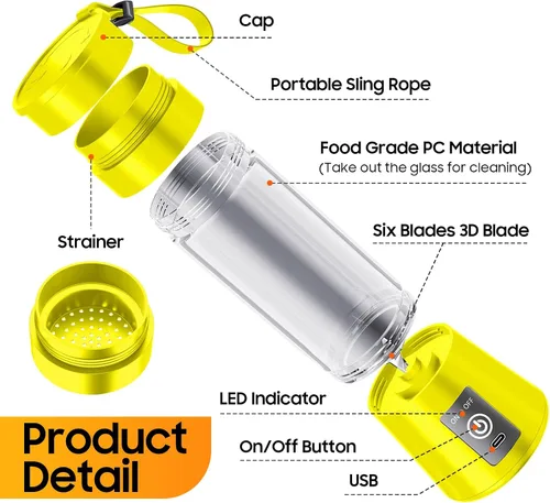 Vista 7 de Licuadora portátil inalámbrica de tamaño personal, mini licuadora para hacer batidos y batidos, taza de viaje sin BPA de 12.8 fl oz, potente traje