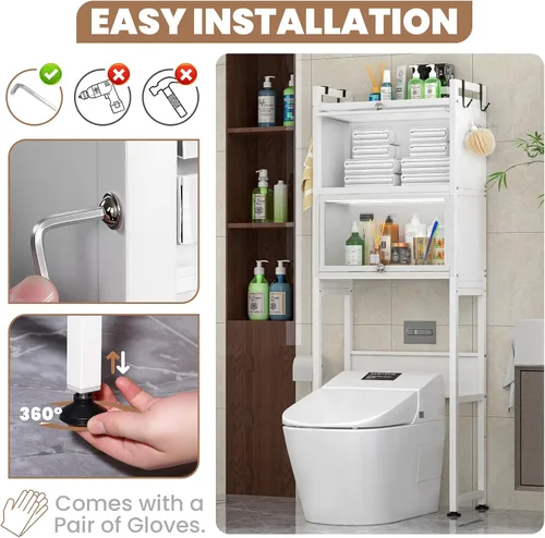 Vista 7 de ZZL Gabinete de almacenamiento sobre el inodoro, 3 niveles, organizador de inodoro de baño, impermeable, diseño de puerta de gabinete, ahorro