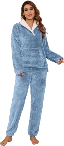 Vista 2 de Flygo Conjunto de pijama de forro polar mullido para mujer, ropa de dormir de franela de felpa