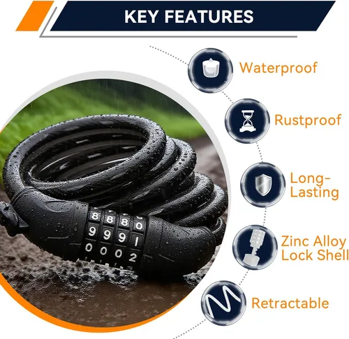 Vista 2 de SEPOX® Paquete de 2 piezas de 1.83 m de cable extra largo con combinación para bicicleta, cerradura de seguridad retráctil de 4 dígitos, cable de 12