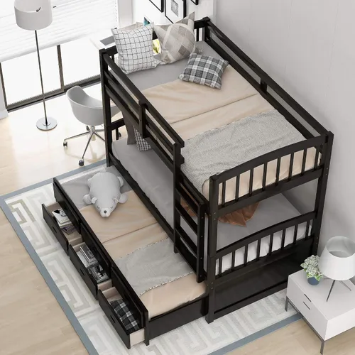 Vista 3 de Harper & Bright Designs Litera con nido y 3 cajones, marco de cama individual sobre individual de madera maciza con almacenamiento, barandilla