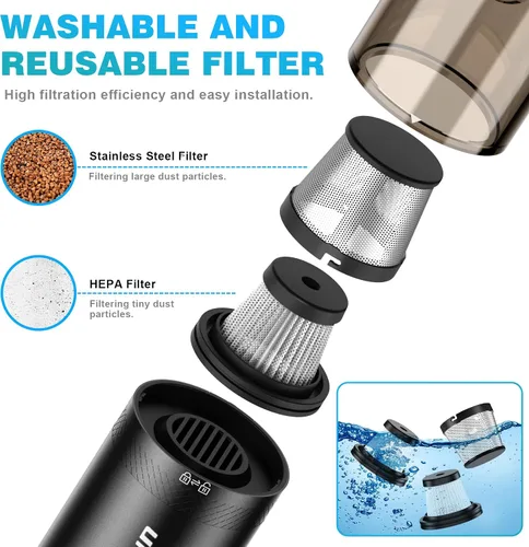 Vista 5 de Upbooz Aspiradora de mano inalámbrica con 14000 PA potente succión con luz LED, plumero de aire 2 en 1, aspiradora portátil recargable de bajo ruido