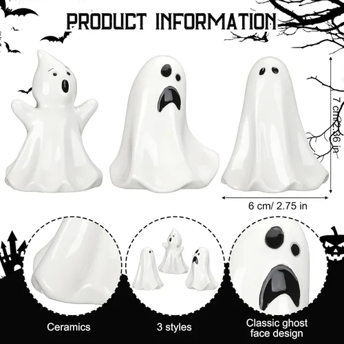 Vista 3 de Domensi 6 piezas de figuras blancas de cerámica de fantasma, estatua de fantasma, decoración espeluznante de Halloween, decoración de estatua