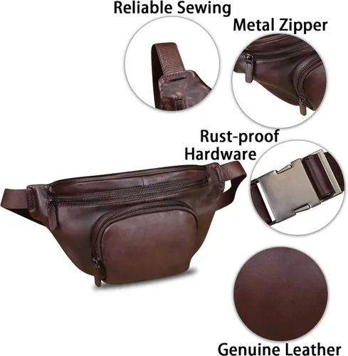 Vista 6 de Riñonera de cuero genuino para mujeres y hombres, bolso cruzado de cuero real vintage, bolso cruzado de moda para la cintura, Café, Riñonera