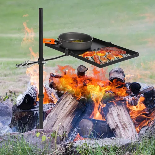 Vista 8 de REDCAMP Parrilla plegable giratoria para fogata, parrilla portátil para fogata sobre foso, rejilla de acero resistente y estante para fogata