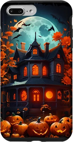Vista 12 de iPhone 16 Halloween Spooky Haunted House Bats & Carved Pumpkins Case