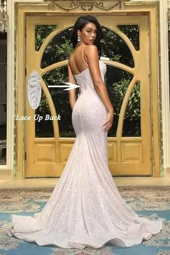 Vista 5 de Vestidos de fiesta de sirena con lentejuelas para mujer, con tirantes delgados, brillantes, largos, formales, para fiesta de noche