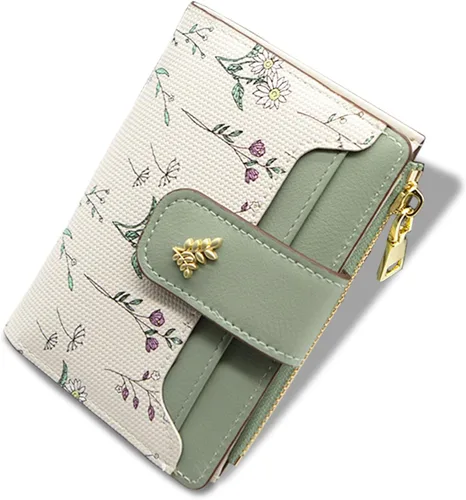 Vista 11 de LJCZKA Billeteras pequeñas para mujer, de piel plegable, con cremallera, bolsillo con cremallera, tarjetero floral, para niñas y mujeres con ventana