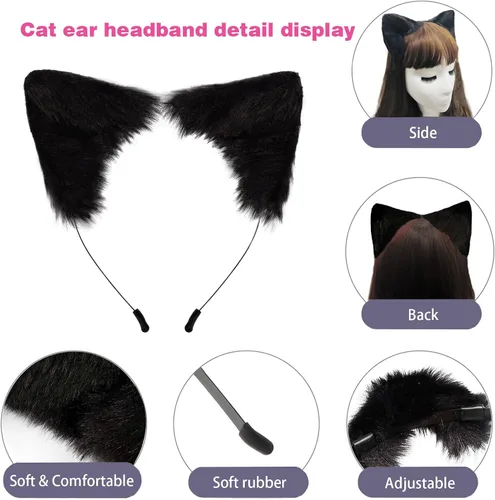 Vista 3 de Dolmtop Diadema hecha a mano con orejas de perro de gato, zorro, lobo, accesorios de disfraz para Halloween y Navidad