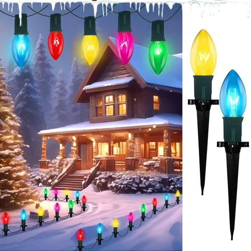 Vista 10 de Luces de camino de Navidad C9, 38 pies de cadena de luces para exteriores con 25 bombillas y estacas de marcador, impermeables, conectables