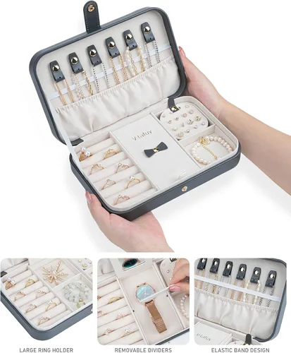 Vista 2 de V-LAFUY Caja de Joyería de Viaje para Mujeres, Organizador de Joyería de Viaje, Organizador de Joyería Pequeño Portátil de 2 Niveles para Aretes