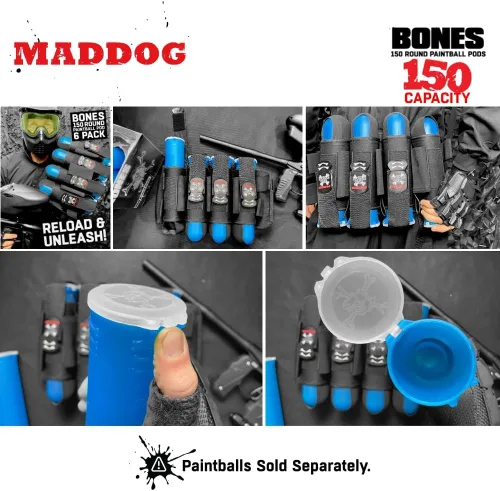 Vista 2 de Maddog 150 cápsulas redondas de paintball de huesos Tubos duraderos de recarga rápida para torneos y recreativos Speedball Woodsball Paquete de 6