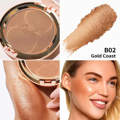 Vista 4 de Oulac Shimmer Bronzer - Maquillaje facial en polvo con espejo, aspecto bronceador natural SunKissed, bronceador crema altamente pigmentado, brillo