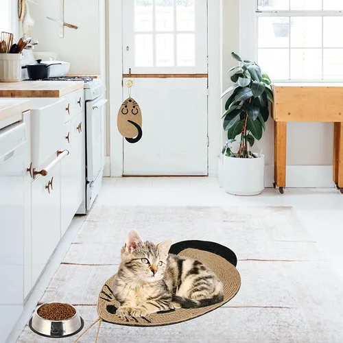 Vista 6 de Almohadilla para rascar para gatos, divertida forma de ratón, almohadilla antideslizante para rascar el suelo del gato, alfombra colgante