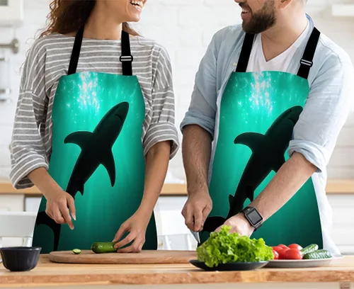 Vista 3 de Delantal de Cocina de Cocina Tiburón Marino Verde Delantal de Cocina para Hornear Chef Delantal Impermeable para Mujeres Hombres 31X27 Pulgadas