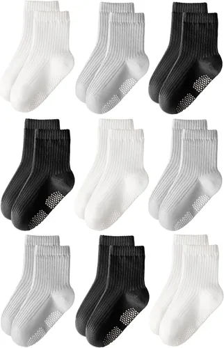 Vista 9 de HONGTEYA 9 pares de calcetines para niños pequeños, calcetines antideslizantes de algodón para bebés con agarres de 0 a 5 años