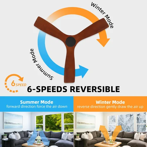 Vista 3 de WINGBO - Ventilador de techo de montaje empotrado de 48 pulgadas, con motor CC silencioso y reversible de 6 velocidades, 3 aspas de madera tallada