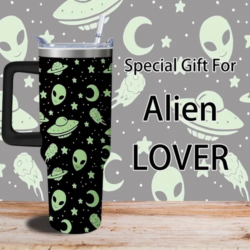 Vista 5 de Vaso térmico de alienígena de 40 onzas con asa y pajita abatible, taza aislante de acero inoxidable para amantes de ovnis, taza de café de viaje
