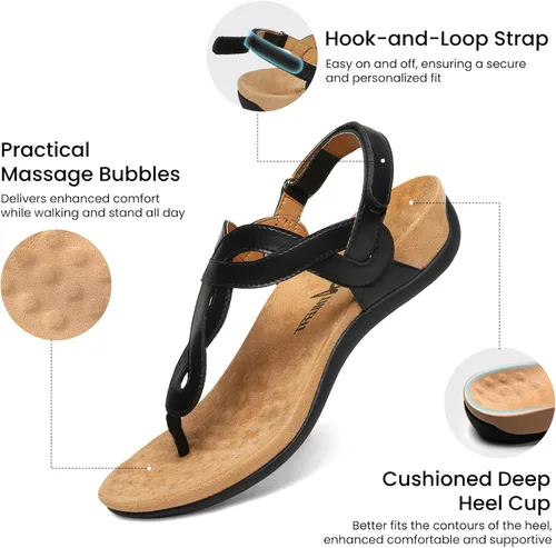 Vista 4 de Athlefit - Sandalias ortopédicas con soporte de arco para mujer, cómodas, con correa en T, sandalias casuales planas con soporte ortopédico