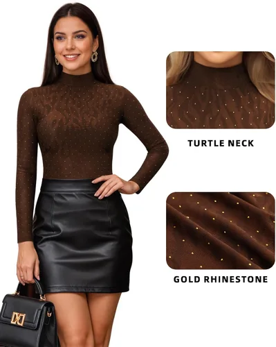 Vista 119 de MANGOPOP - Enterizo para mujer, manga larga, cuello de tortuga, cuello alto falso, estilo top