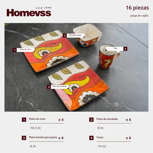 Vista 2 de HomeVss, Juego de vajilla artesanal de cerámica pintada a mano, 16 piezas de vajilla de esmalte reactivo