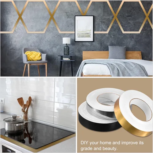 Vista 5 de uxcell 2 calcomanías autoadhesivas de papel de aluminio de 0.2 pulgadas x 164 pies para decoración de huecos, tira de cinta adhesiva impermeable