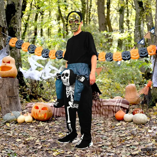 Vista 7 de Negro, disfraz de esqueleto de Halloween para hombres, pantalones unisex de Halloween para adultos, disfraces de Halloween para mujer, disfraz