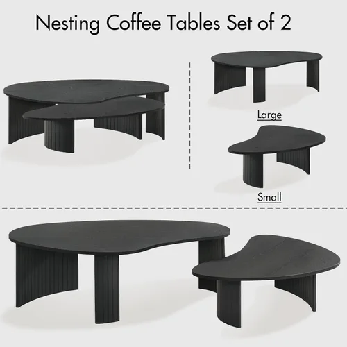 Vista 8 de Hyfirm Juego de mesa de centro anidable irregular negra con patas de madera estriada Tapas de chapa de fresno, patas de madera maciza acanaladas