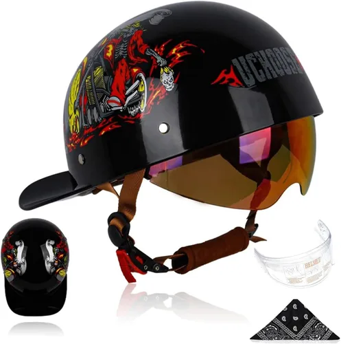 Vista 16 de Gorra de béisbol para motocicleta, 3 unidades, aprobado por DOT, estilo vintage, cara abierta, unisex, para adultos, medios cascos de doble lente