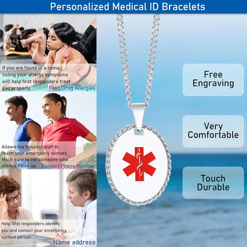 Vista 38 de VNOX Collar con colgante personalizado de acero inoxidable con grabado personalizado para identificación de alerta médica de emergencia para hombres