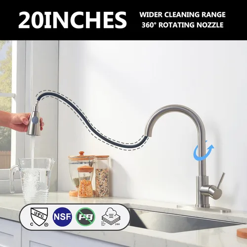 Vista 3 de Comllen Grifo de cocina con rociador extraíble, grifos de cocina de acero inoxidable de níquel cepillado, grifo comercial de arco alto de una sola